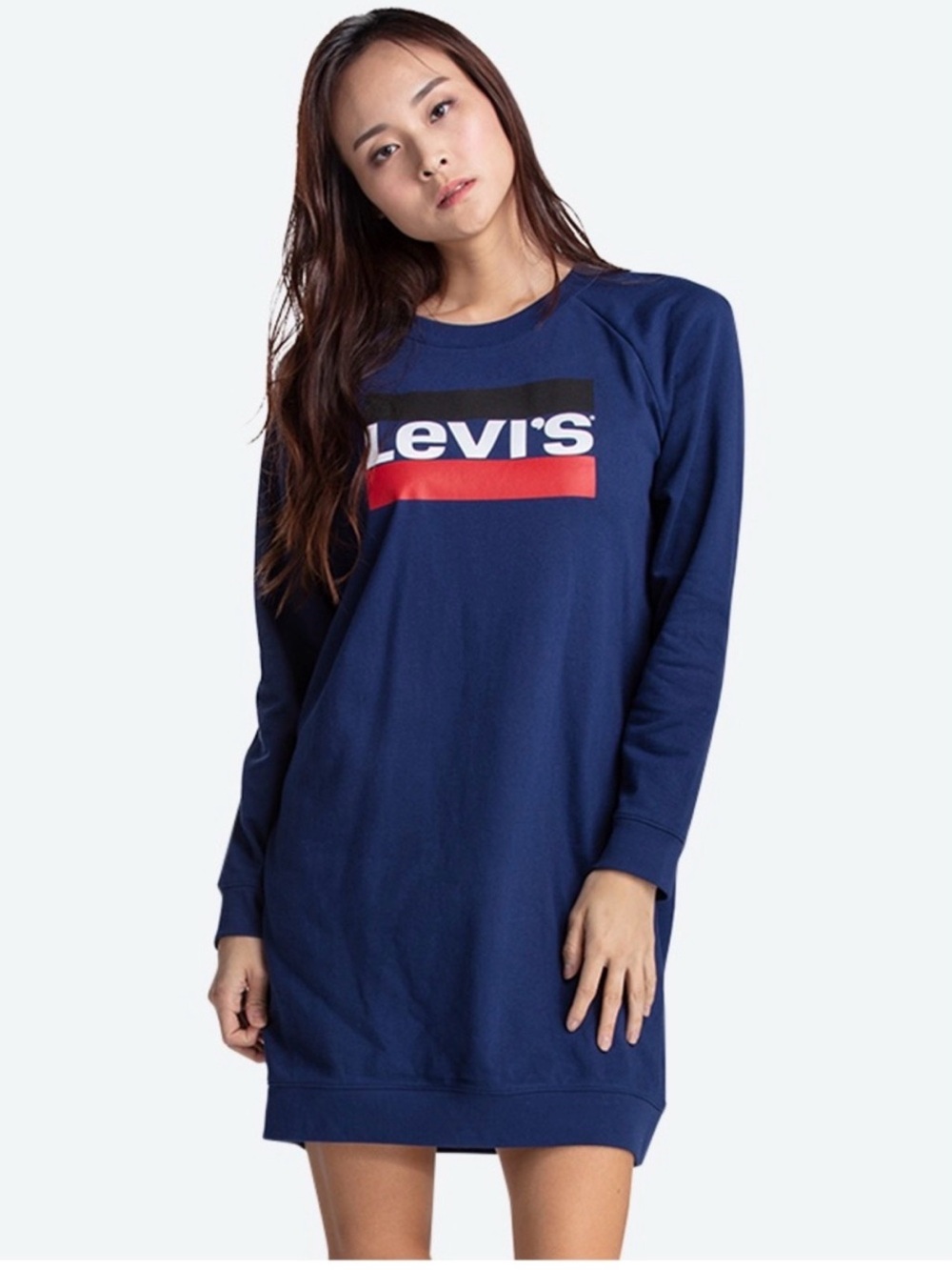 Levi's Navy Long-Sleeve Logo Sweatshirt Dress with Red And Black Accent